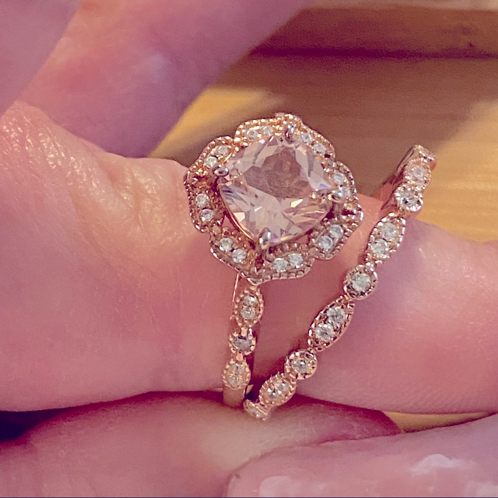 Rose Gold and Peach Cubic Zirconia Bridal Set, Size 9